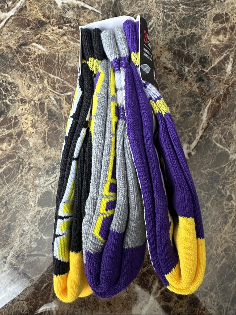 3 Pairs NBA Los Angeles Lakers Purple and Yellow Kids Crew Socks - Team Logo - Picture 4 of 7